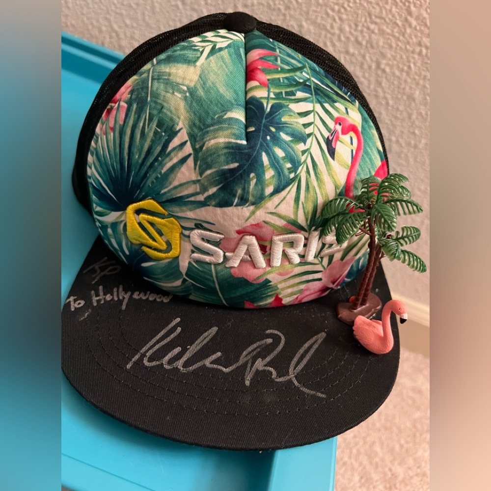 Signed SARIS Tropical Flamingo Cap with Palm Tree and Flamingo Figurine